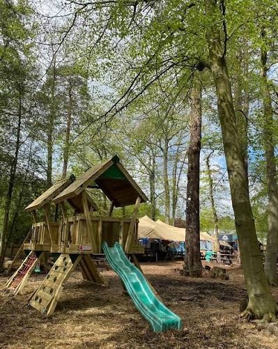 A woodland pub garden with a wooden climbing frame and slide