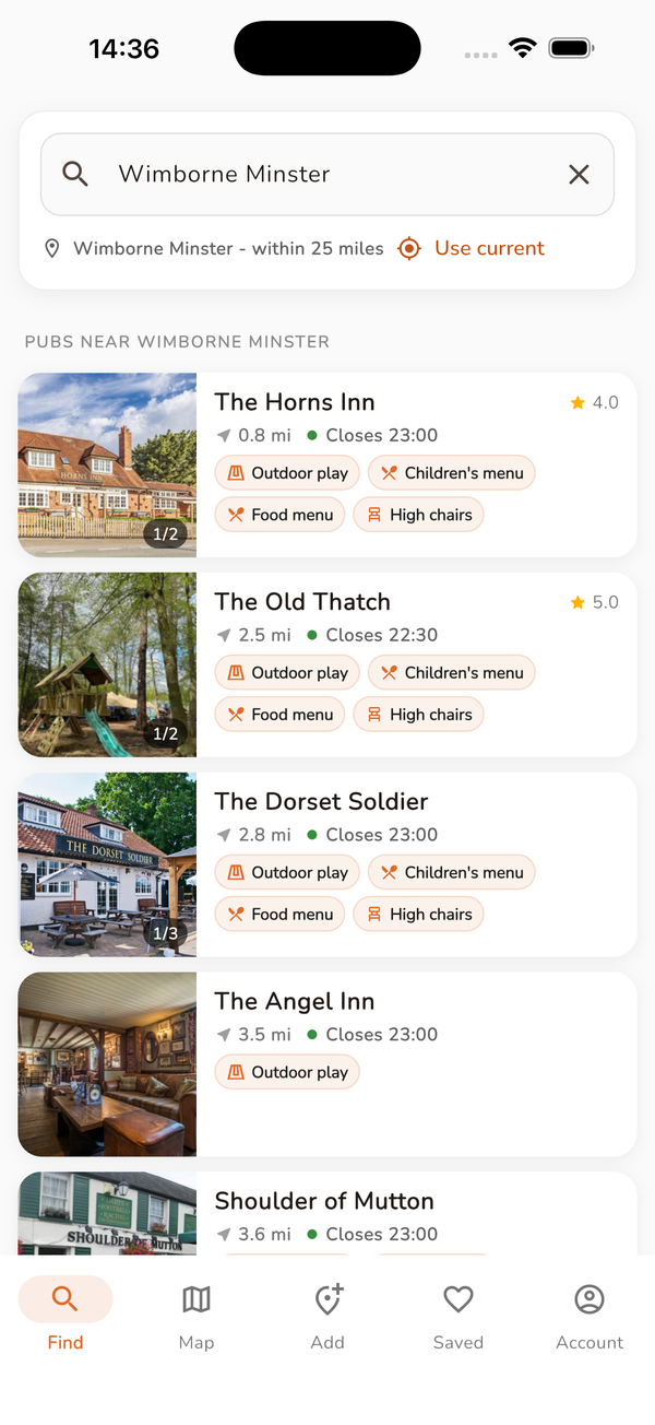App screen showing a list of nearby pubs with playgrounds, distances and facilities